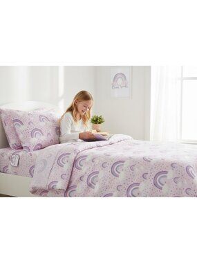 To Born Sparkle 3-Piece Twin Sheet Set With Rainbows & Hearts Pink & Purple 100%